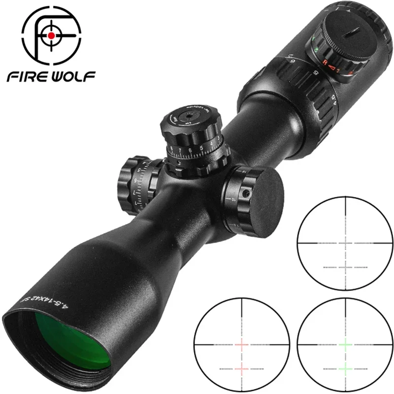 FIRE WOLF 4,5-14X42 mira telescópica lado biselado doble cruz rojo verde enfoque táctico alcance óptico mira francotirador caza alcance