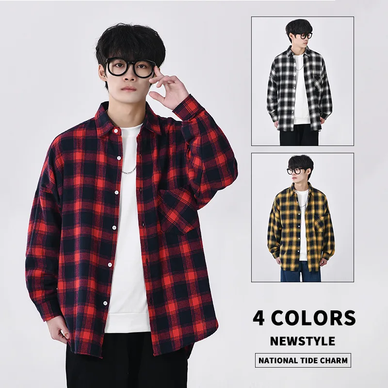 Camisa holgada a cuadros Vintage para hombre y mujer, camisas informales de manga larga de alta calidad, ropa de calle para parejas - imagen 2