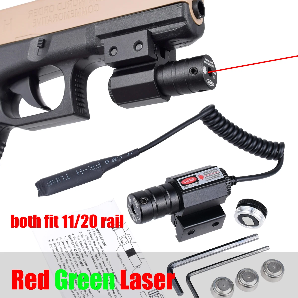 Mini Red Green Laser Sight with Adjustable 11mm 20mm Rail Mount for G17 G19 AR15 M4 with 635-655nm Hunting Rifle Pistol Sight