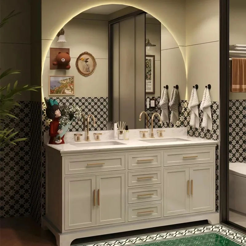 Mueble de baño de roble de estilo americano, combinación de lavabo doble, suelo, inodoro, lavabo, lavabo, lavabo - imagen 5