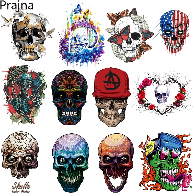 Transferencia Térmica de calaveras coloridas/mariposa Punk, transferencia térmica, esqueleto divertido, transferencia de hierro para ropa, pegatinas DIY para camisetas