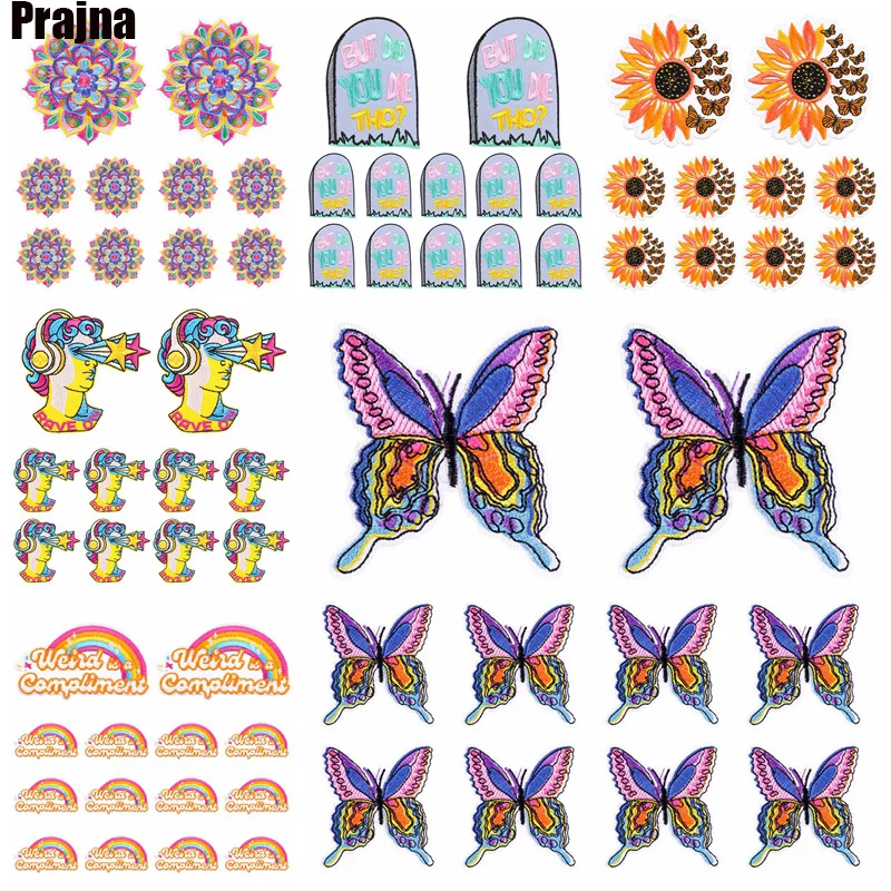 Parche de mariposa arcoíris/Flor de Mandala, bordado de dibujos animados, parches termoadhesivos para planchar en la ropa, 10 unids/lote