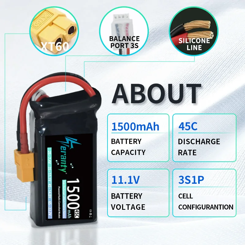 1/2 Uds TERANTY 3S 1500mAh batería Lipo corta 11,1 V 45C con enchufe T/XT30/XT60 para RC coche camión Drone avión FPV RC Hobby piezas - imagen 3