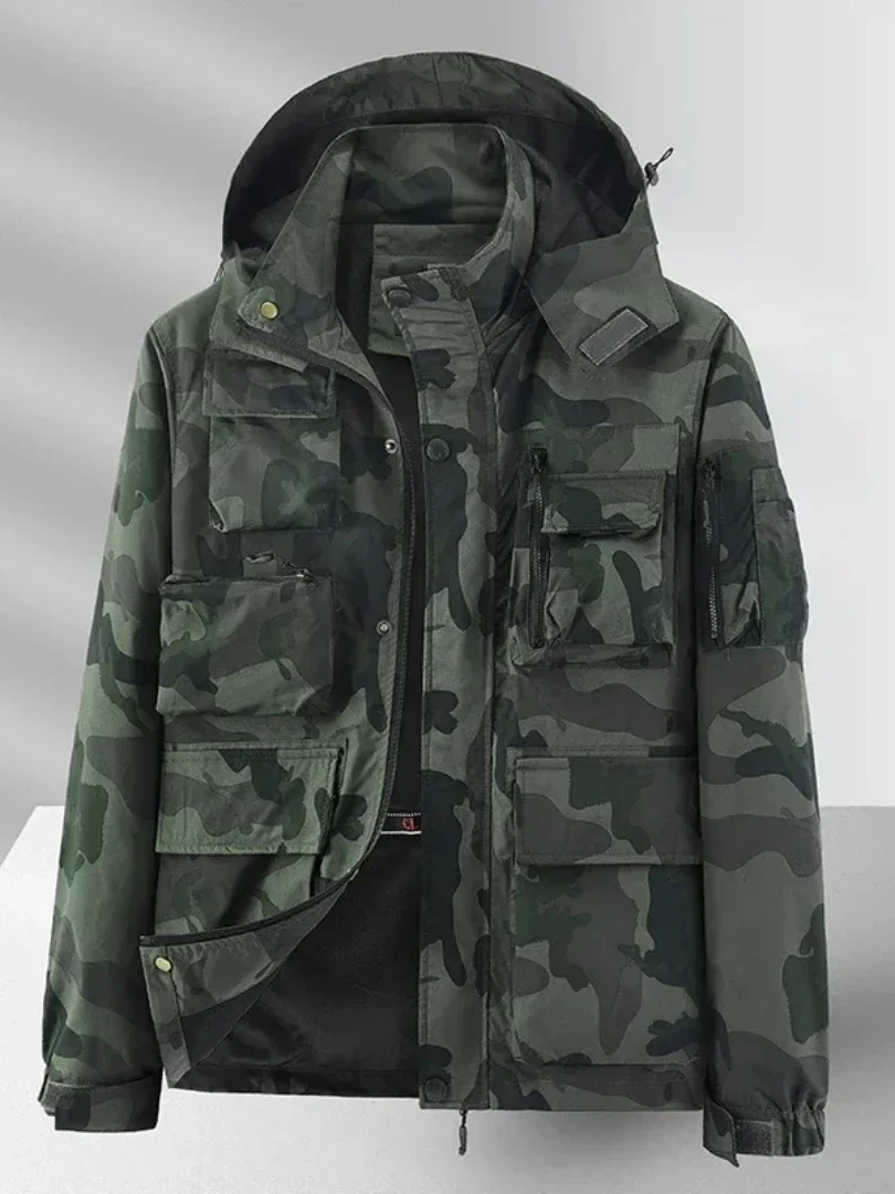 Chaqueta Cargo con capucha para hombre, cazadora de camuflaje para exteriores, cortavientos de camuflaje, abrigos de trabajo informales para hombre, otoño - imagen 4