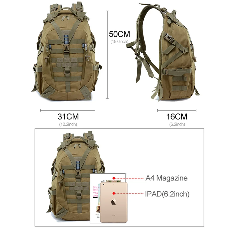 Mochila de Camping de 40L para hombre, bolsa de viaje táctica Molle para escalada, senderismo, caza reflectante al aire libre - imagen 3