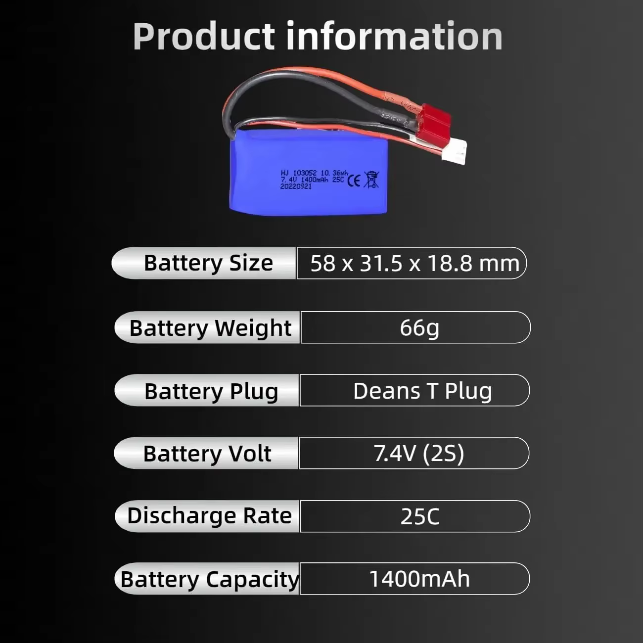 Batería LiPo con conector T para coches RC WLtoys compatible - imagen 4