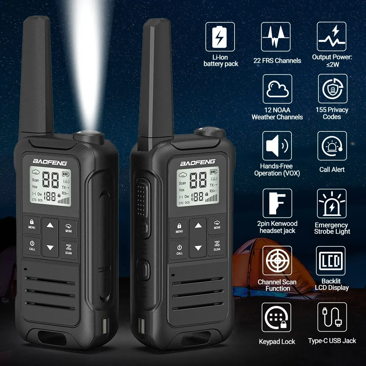 2 uds Baofeng F22 Mini Walkie Talkie PMR FRS de largo alcance recargable portátil niños Radio bidireccional tipo C cargador para viaje de Camping - imagen 5