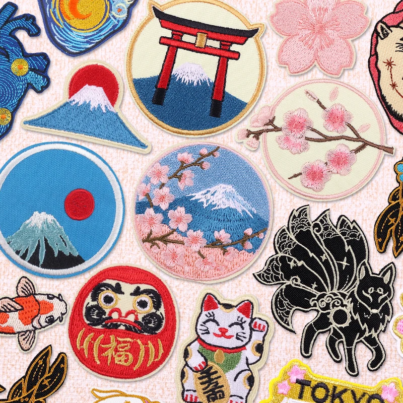 Parches Bordados con Elementos Japoneses, Parches de Flores de Cerezo del Monte Fuji para Ropa, Parches Termoadhesivos de Peces/Zorros/Gatos, Apliques