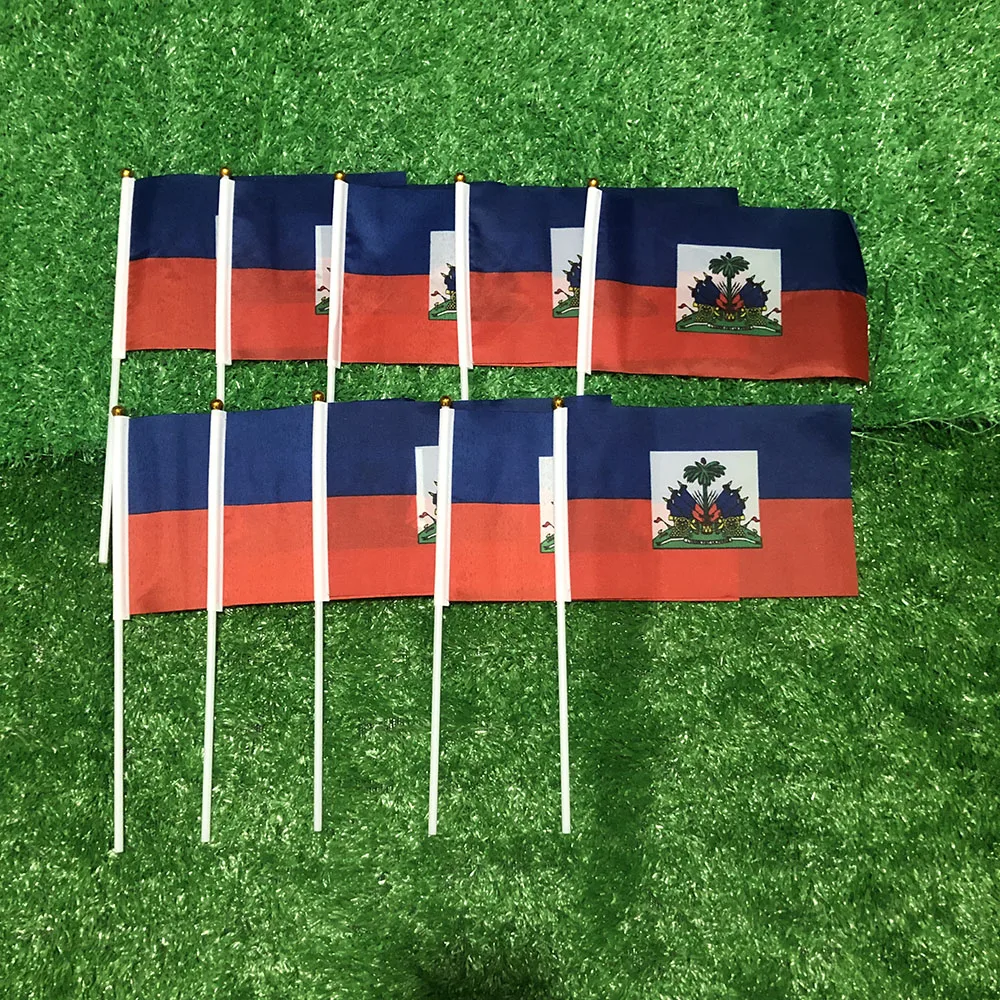 SKY FLAG Bandera de mano de Haití 14x21cm 10/20/50/100 Uds poliéster penetración de doble cara HT Bandera ondulada de mano de Haití con poste de plástico - imagen 2