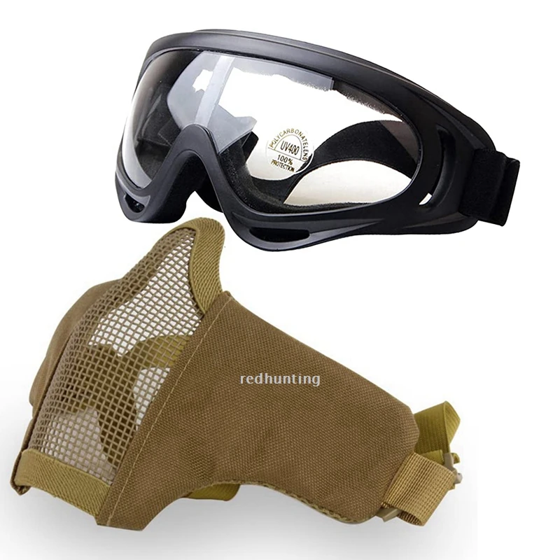 Conjunto de máscara táctica para Airsoft, máscara de malla inferior de media cara, máscara de acero plegable, máscara protectora de combate con gafas de caza - imagen 3