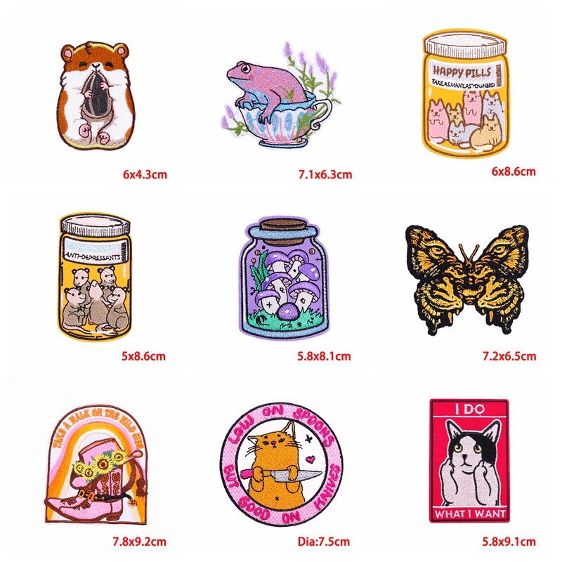 10 Uds. Parches bordados de gato botella, parches para planchar para ropa, parches termoadhesivos, parche bordado de rana Animal de dibujos animados - imagen 3