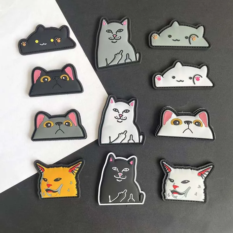 Parches de moral de PVC con cara de gato, divertidos y bonitos con gancho, insignia de pegatinas tácticas de gato con grafiti Meme de Internet para brazalete, ropa - imagen 2
