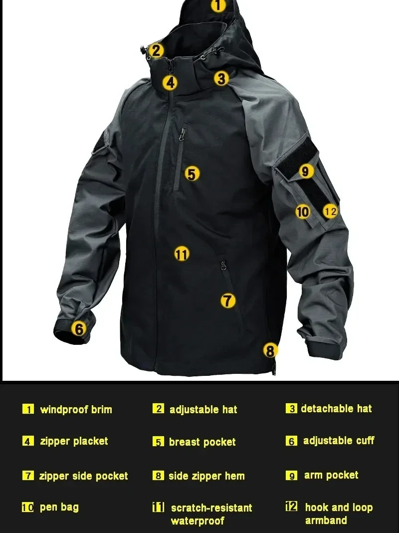 Conjuntos de chaqueta táctica impermeable para hombre, traje de entrenamiento de combate, Ropa de Trabajo de concha suave para exteriores, chaquetas con capucha del ejército SWAT, pantalones, conjunto de 2 uds. - imagen 5