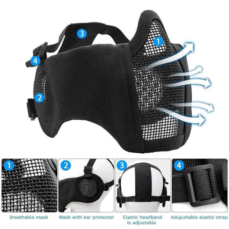 AQzxdc Máscara Airsoft con gafas Máscara de malla Airsoft plegable de media cara con protección para los oídos para tiro de Paintball Cosplay CS Game - imagen 3