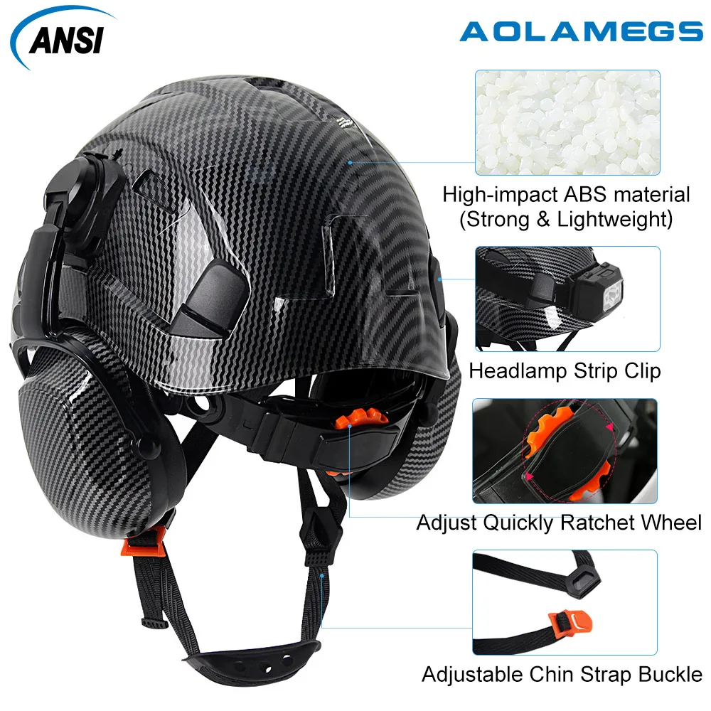 Casco de seguridad de fibra de carbono CE con orejeras, gafas dobles, casco duro de construcción ABS para ingeniero, gorra de trabajo de alta calidad ANSI - imagen 5