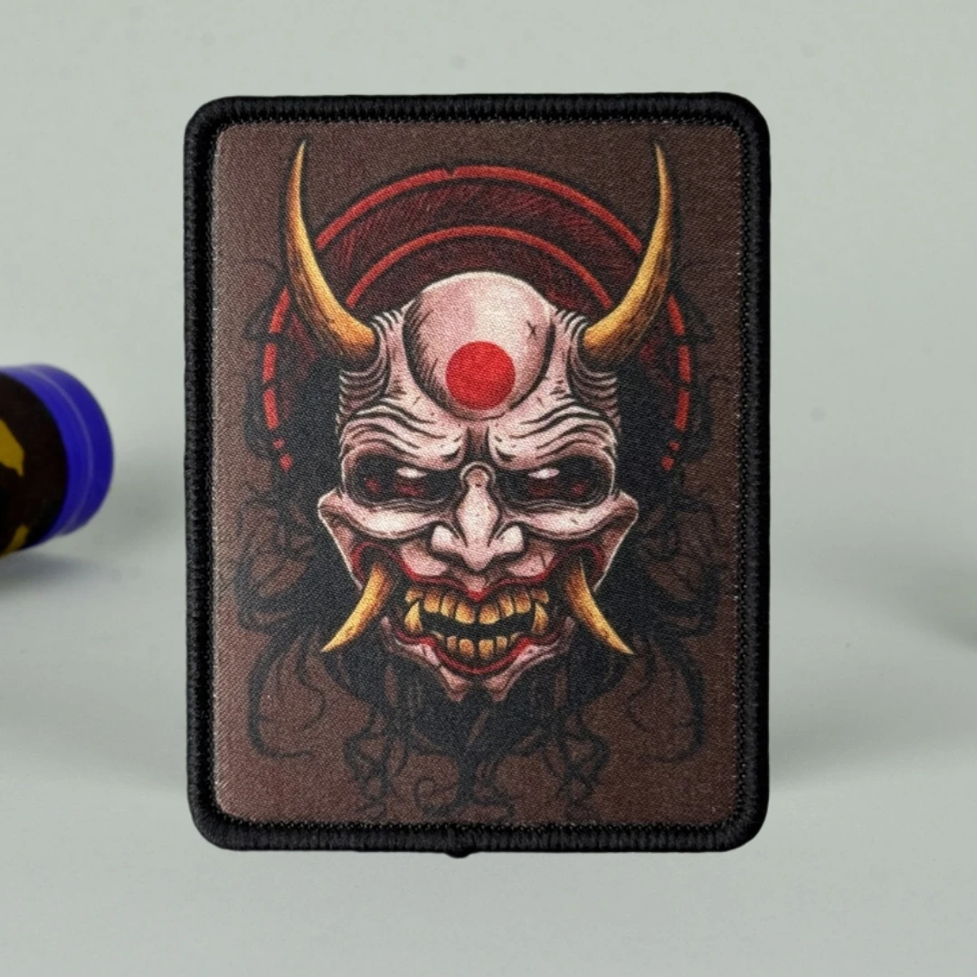 Máscara Hannya, demonio malvado, insignia de moral samurái, parche militar táctico impreso, parches de gancho y bucle para ropa, pegatina para mochila