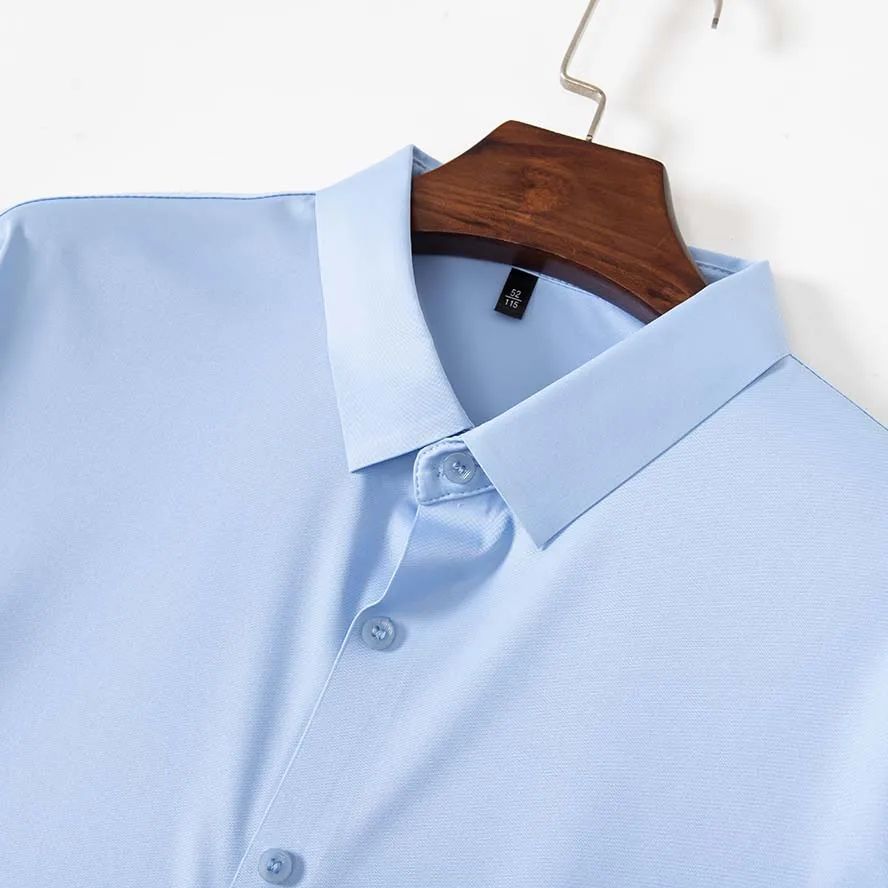 Camisas de alta elasticidad, camisa sin costuras, camisa informal ajustada de manga larga para hombre, camisa de vestir Formal sólida sin planchar, ropa de trabajo informal - imagen 4