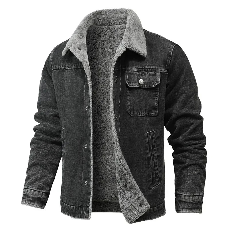 Chaqueta de invierno para hombre, chaqueta vaquera gruesa con solapa de pelo de cordero, abrigos acolchados de algodón cálidos y ajustados informales de alta calidad, ropa - imagen 2