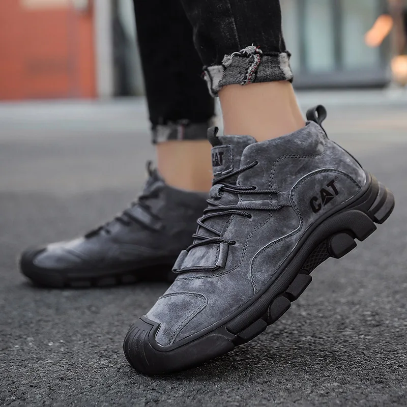 HIKEUP-botas militares de cuero para hombre, zapatos impermeables con suela de goma, para caminar al aire libre, Trekking - imagen 4