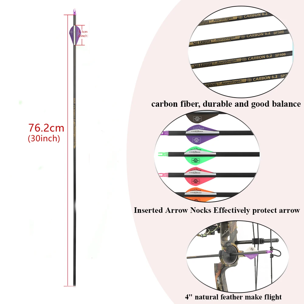 2 "paletas de tiro con arco flechas de carbono puro 30 pulgadas sin puntas arco compuesto recurvo tiro caza columna vertebral 400/500/600/ID6.2mm 6/12 Uds - imagen 3