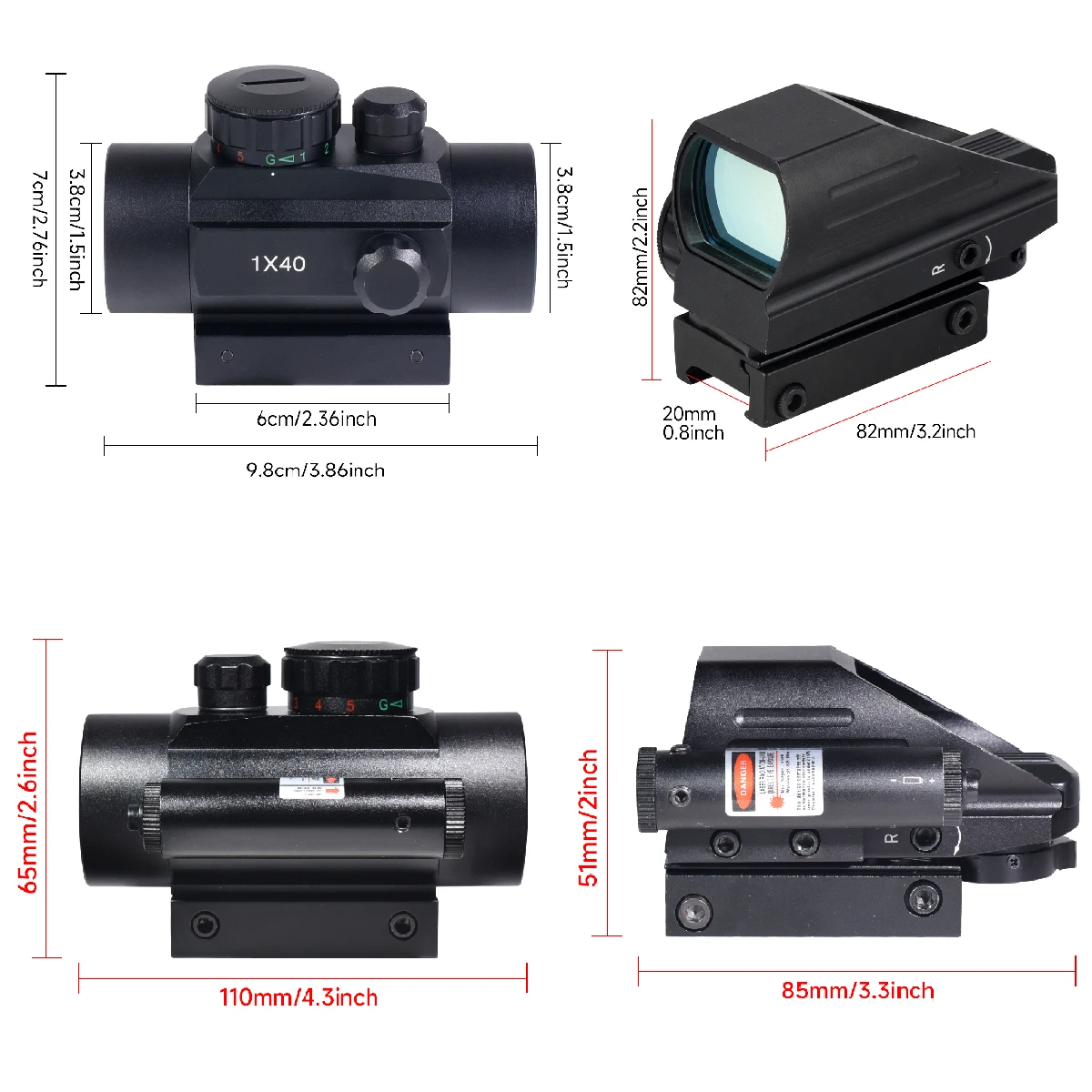 Mira táctica de punto rojo 1X40 con combinación láser, mira telescópica para caza al aire libre, mira réflex óptica, colimador de puntos rojos/verdes - imagen 5