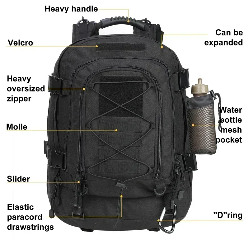 Mochila táctica Extra grande de 60L para hombres y mujeres, mochilas de senderismo resistentes al agua para exteriores, mochila de viaje, mochilas para ordenador portátil - imagen 3