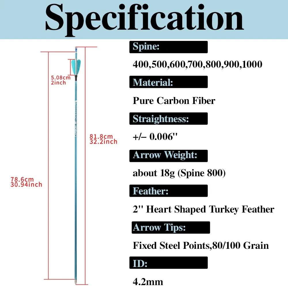Flecha de Carbono Puro para Tiro con Arco de 32 Pulgadas, Puntas Fijas, Espina 400 500 600 700 800 900 1000, ID4.2mm, Flecha de Carbono para Tiro con Arco, Caza y Tiro al Blanco - imagen 3