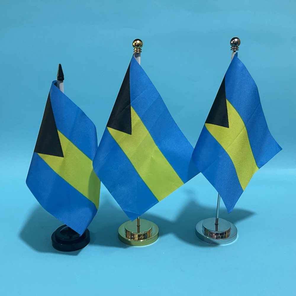 Escritorio de oficina bandera pequeña de Bahamas bandera 14x21cm poliéster Bahamas bandera nacional mesa de campo Banner adornos de escritorio banderas - imagen 2