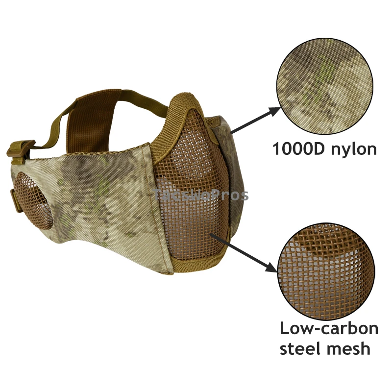 Mascarilla de combate táctico para hombre y mujer, máscara de seguridad de media cara con malla de acero de bajo carbono, protección para los oídos para tiro de Paintball - imagen 4