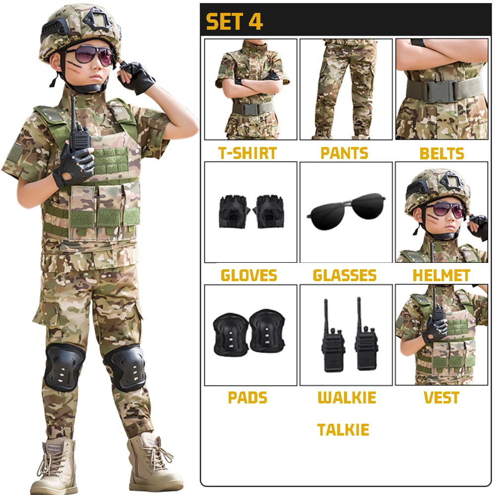 Conjunto de uniforme de entrenamiento militar al aire libre para niños, traje de pantalones superiores de camuflaje para niños, disfraz de combate de fuerzas especiales de la selva para niños y niñas