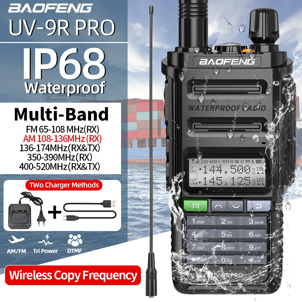 BAOFENG UV-9R PRO Walkie Talkie multibanda IP68 impermeable frecuencia de copia inalámbrica Tri potencia tipo C DTMF Radioaficionado de largo alcance