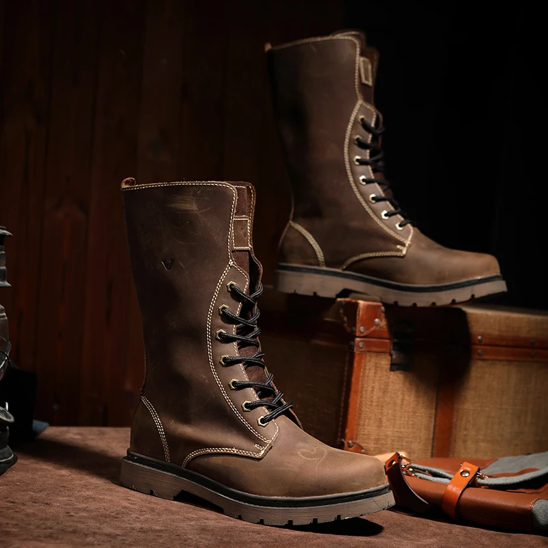 Botas de senderismo de cuero de vaca para hombre, botas de moto impermeables, botas de combate altas, cinturón gótico, botas Punk, zapatillas tácticas para hombre - imagen 4