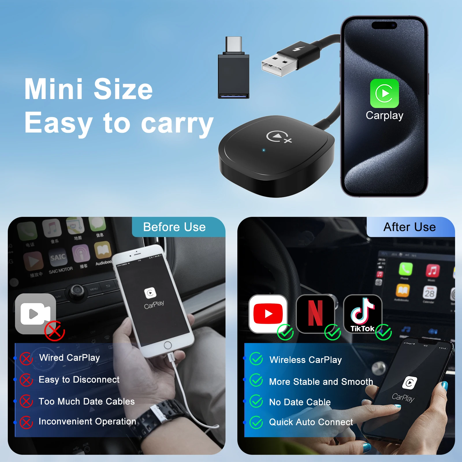 Adaptador CarPlay inalámbrico USB para coche - sin cables premium - imagen 2