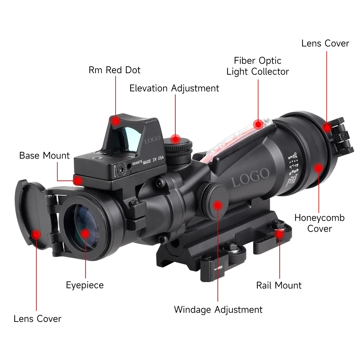 Mira telescópica de punto rojo, semicírculo/triangular, fibra de vidrio auténtica roja, óptica de grabado, caza, lupa, 1x35, 3,5x3,5/4x32, 5x35, semicírculo - imagen 2