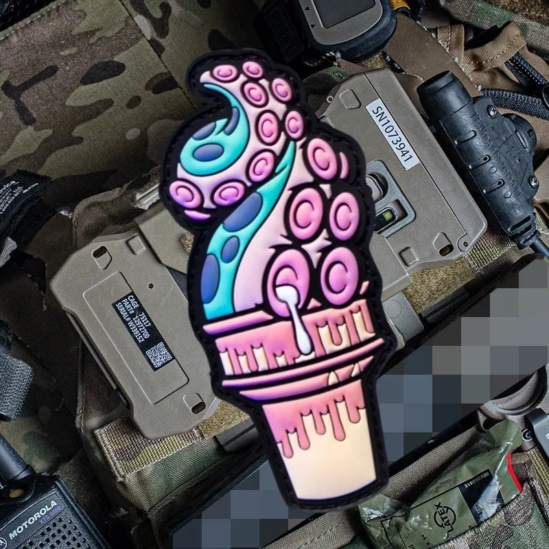 Insignia de moral de helado de pulpo de PVC 3D, parche de gancho y bucle para decoración de mochila, pegatina, emblema táctico, accesorio, parches Klett - imagen 2