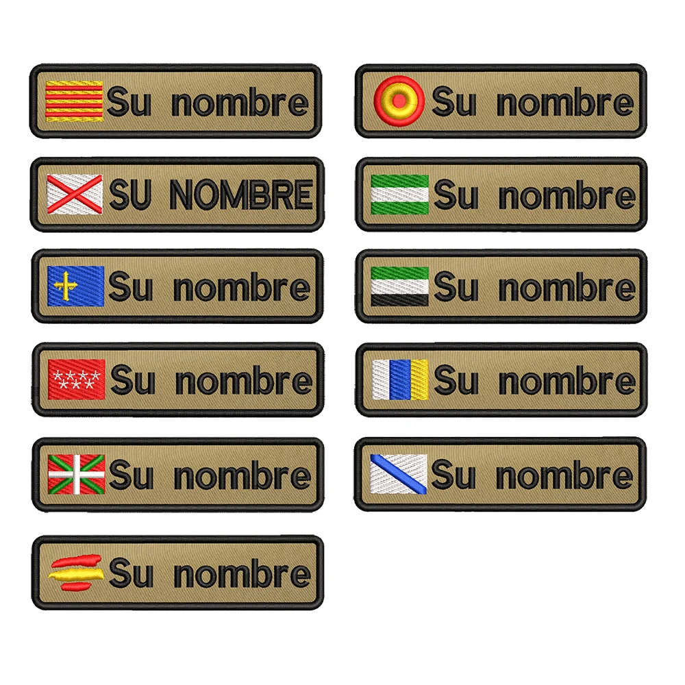 Parche de bandera con nombre personalizado, insignia de rayas, gancho para planchar, cáqui, Andalucía, Extremadura, Islas Canarias, España, Galizia, 10cm x 2,5 cm, 1 ud.