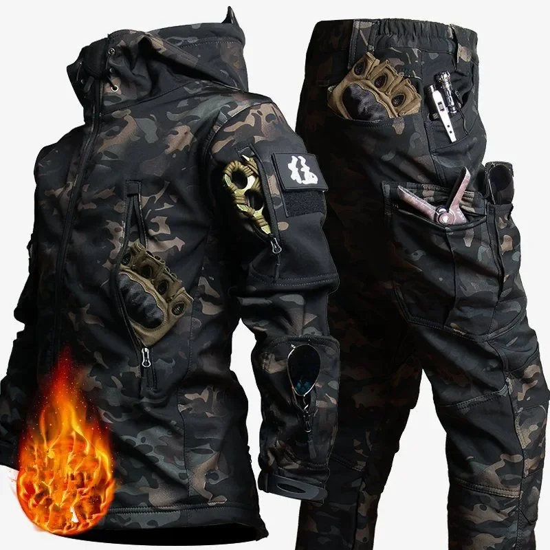 Conjunto táctico para hombre, traje a prueba de viento para exteriores, chaquetas con capucha de concha suave con múltiples bolsillos, traje de camuflaje Multicam de lana suave, pantalones de trabajo - imagen 5