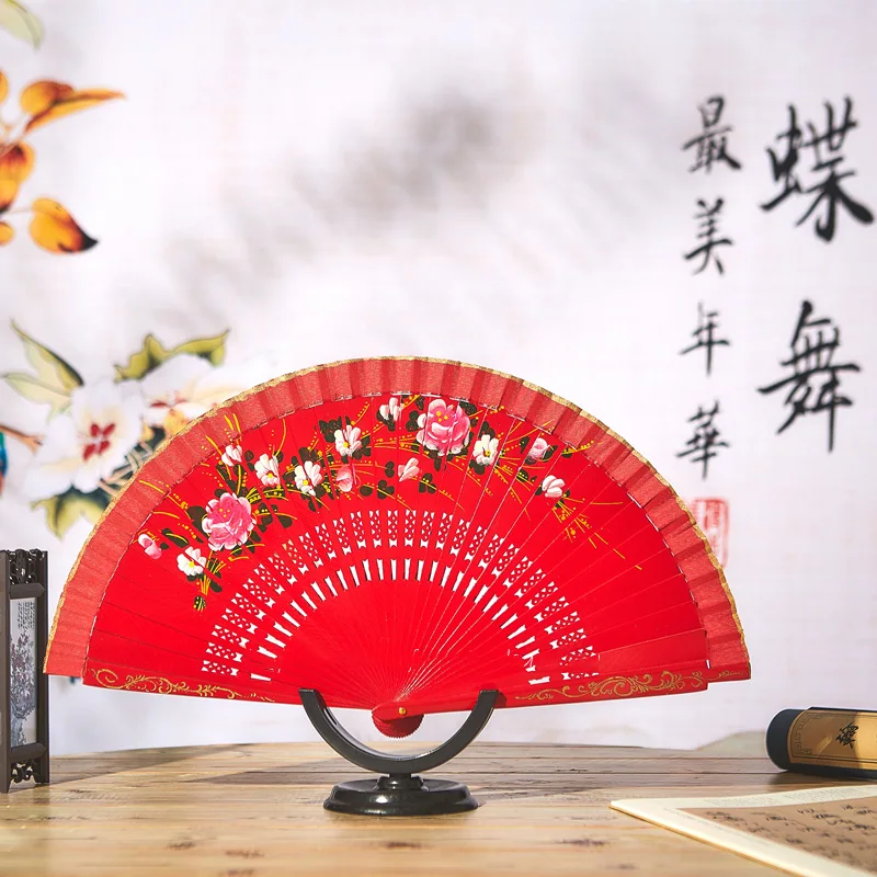 Abanico de baile español rojo especial, abanico de baile de madera maciza de doble cara, cheongsam, abanico para actuación en escenario, abanico rojo plegable - imagen 2