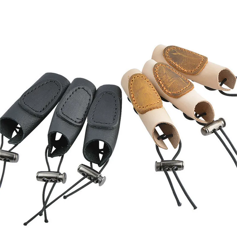 Protector de dedo de cuero de vaca negro/marrón, 3 piezas, equipo de protección para arco y flecha, tiro con arco, caza - imagen 4