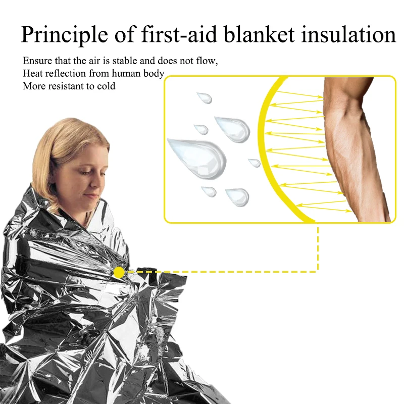 Manta de emergencia para exteriores, herramienta de supervivencia, primeros auxilios, aislamiento térmico a prueba de viento, protección solar, resistente al desgarro, manta de senderismo - imagen 2