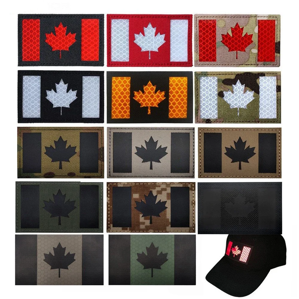 Parche reflectante IR de la bandera de Canadá, banderas canadienses, parches bordados de hoja de arce, insignias de apliques tácticos luminosos de goma de PVC 3D - imagen 3