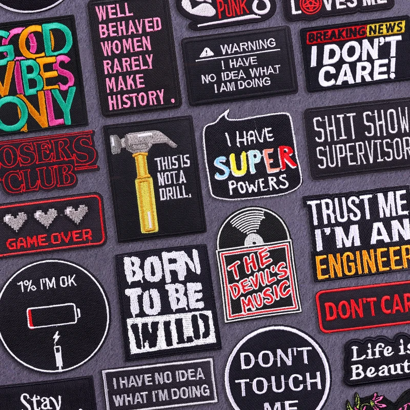 Parche bordado con letras blancas y negras, parches termoadhesivos para planchar para ropa, insignias de costura/fusibles con frases de ropa