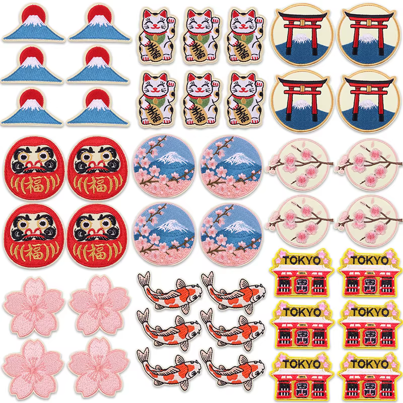 Parche termoadhesivo monte Fuji y flores de cerezo bordado para coser