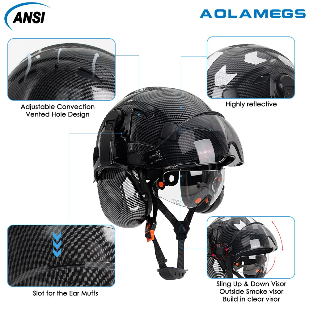 Casco de seguridad de fibra de carbono CE con orejeras, gafas dobles, casco duro de construcción ABS para ingeniero, gorra de trabajo de alta calidad ANSI - imagen 4