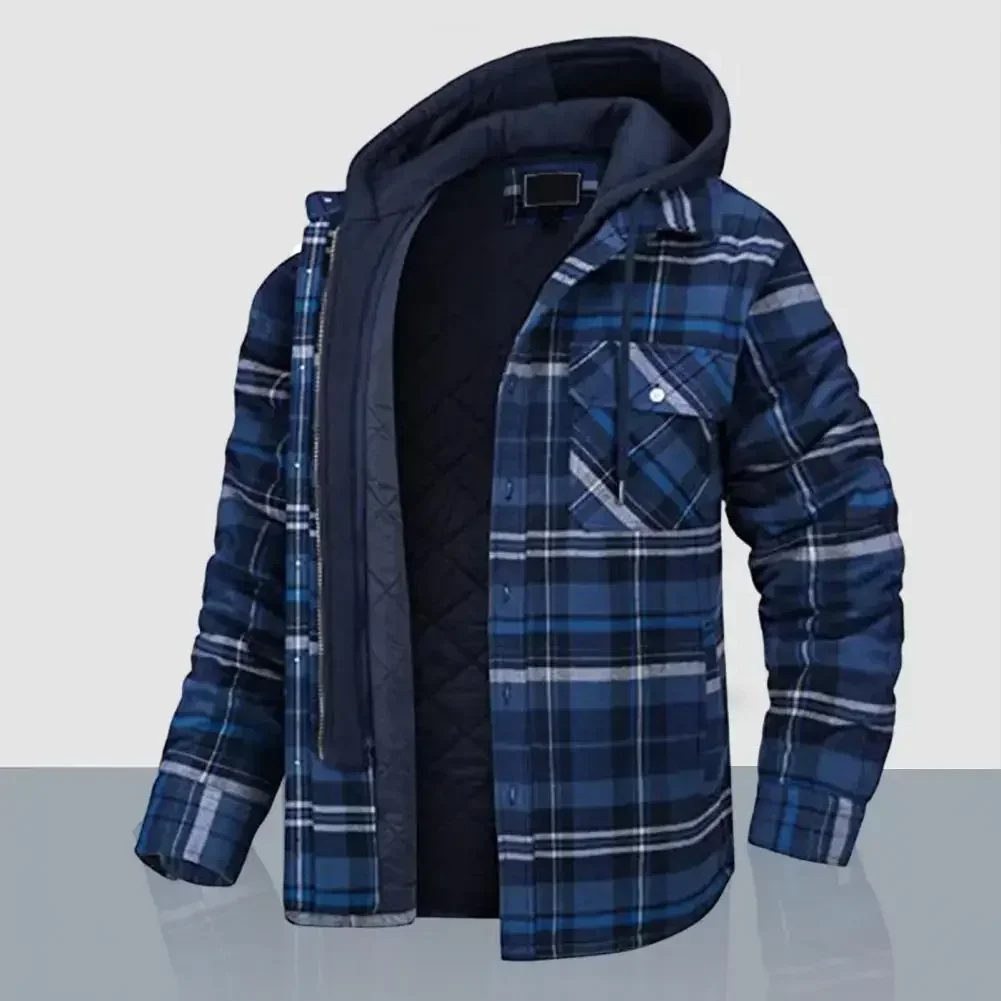Chaqueta con capucha de invierno para hombre, Parkas a prueba de viento de algodón con capucha gruesa a la moda con cordón, camisa a cuadros, chaquetas informales para hombre - imagen 3