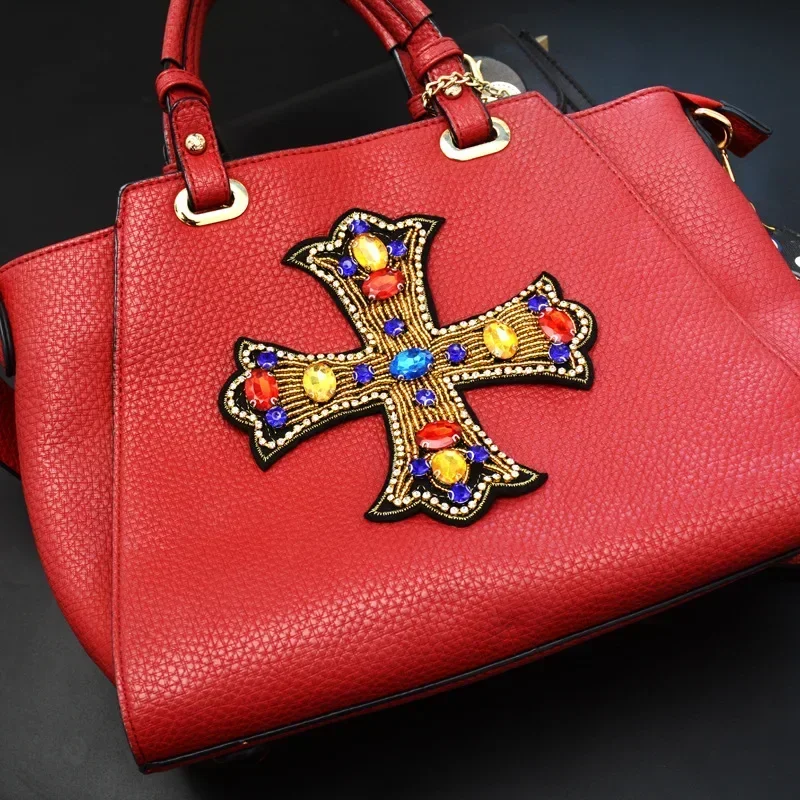 Parches de cuentas de diamantes de imitación hechos a mano, parche para coser en cruz de corazón grande para ropa, apliques DIY, accesorio decorativo para bolsa de ropa - imagen 4