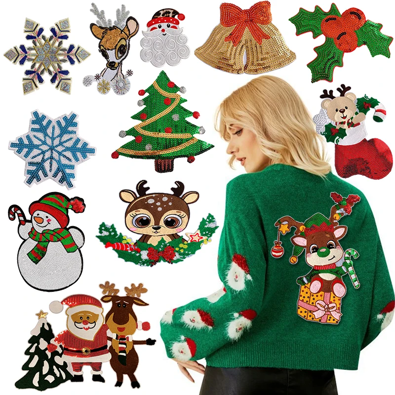 2025 Feliz árbol de Navidad parches de lentejuelas grandes regalos de Navidad parche para planchar para decoraciones de ropa apliques DIY de Papá Noel