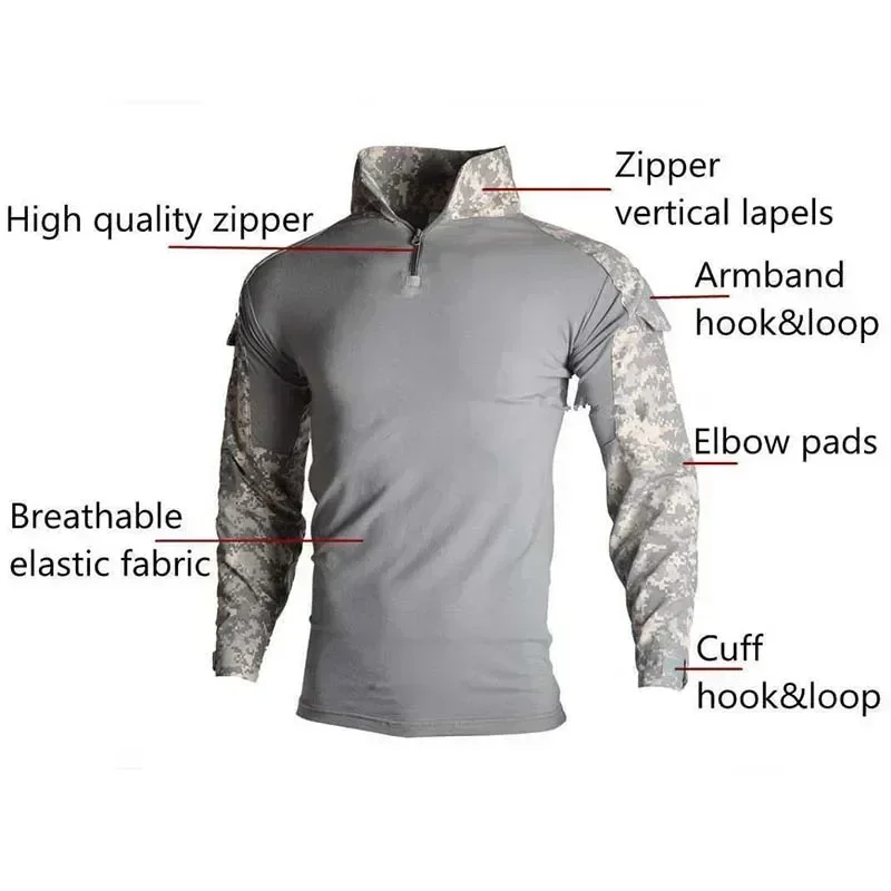 Camisas de manga larga para exteriores, camisa de combate con cremallera 1/4, ropa táctica de algodón Ripstop resistente al desgaste de camuflaje Airsoft Paintball - imagen 3