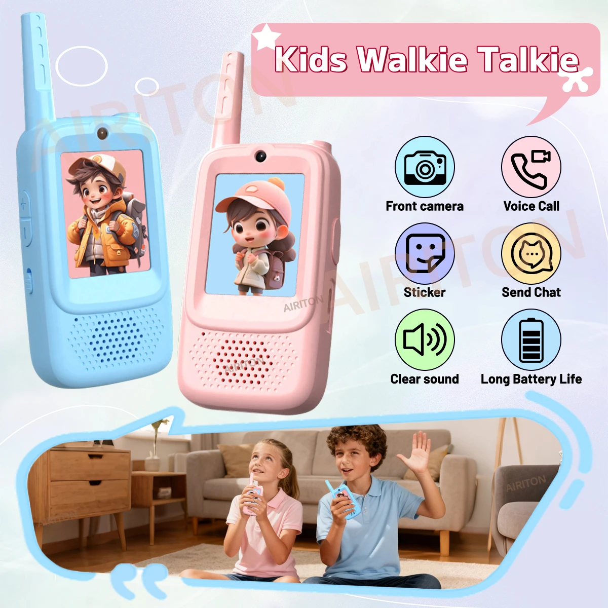 Walkie Talkie de juguete para niños AIRITON JK300/JK200, videoportero divertido, pantalla grande con funciones de mejora, Radio de comunicación, 2 uds. - imagen 4