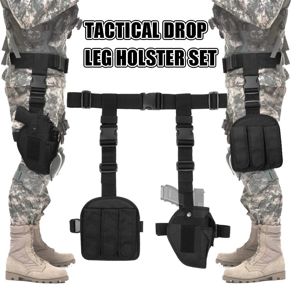 Juego de funda táctica para pierna con cinturón táctico, soporte para pistola, funda militar ajustable para muslo Airsoft, bolsillo de utilidad